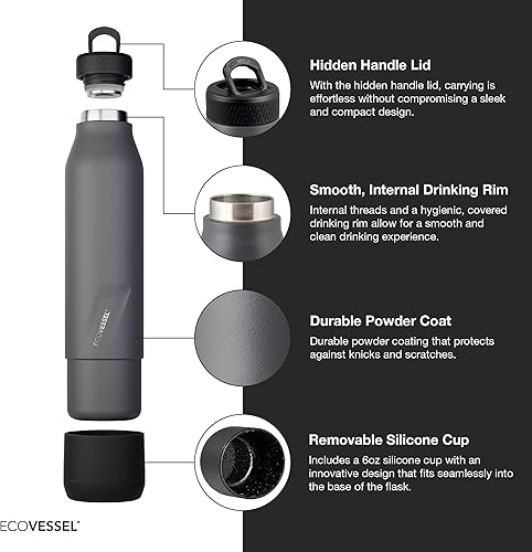 Miniatura 4 de EcoVessel Botella de acero inoxidable con taza extraíble, termo aislado al vacío para bebidas frías y calientes, con asa plegable para viajes y