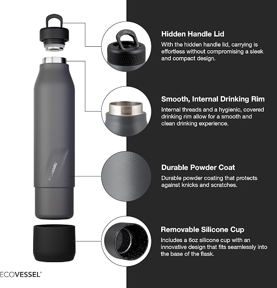 EcoVessel Stainless Steel Bottle with Removable Cup, Vacuum Insulated Thermos for Hot and Cold Drinks, with Folding Handle for Travel and Camping, 25oz (Stone)