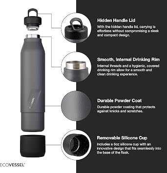 EcoVessel Stainless Steel Bottle with Removable Cup, Vacuum Insulated Thermos for Hot and Cold Drinks, with Folding Handle for Travel and Camping, 25oz (Stone)