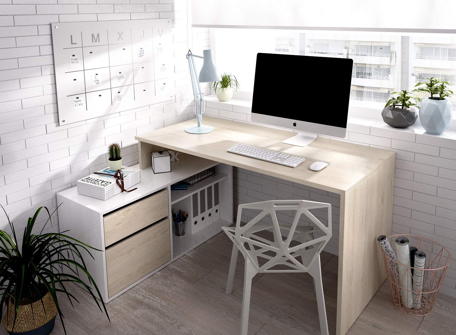 Mesa de estudio 139 cm moderna y barata en natural y blanco brillo