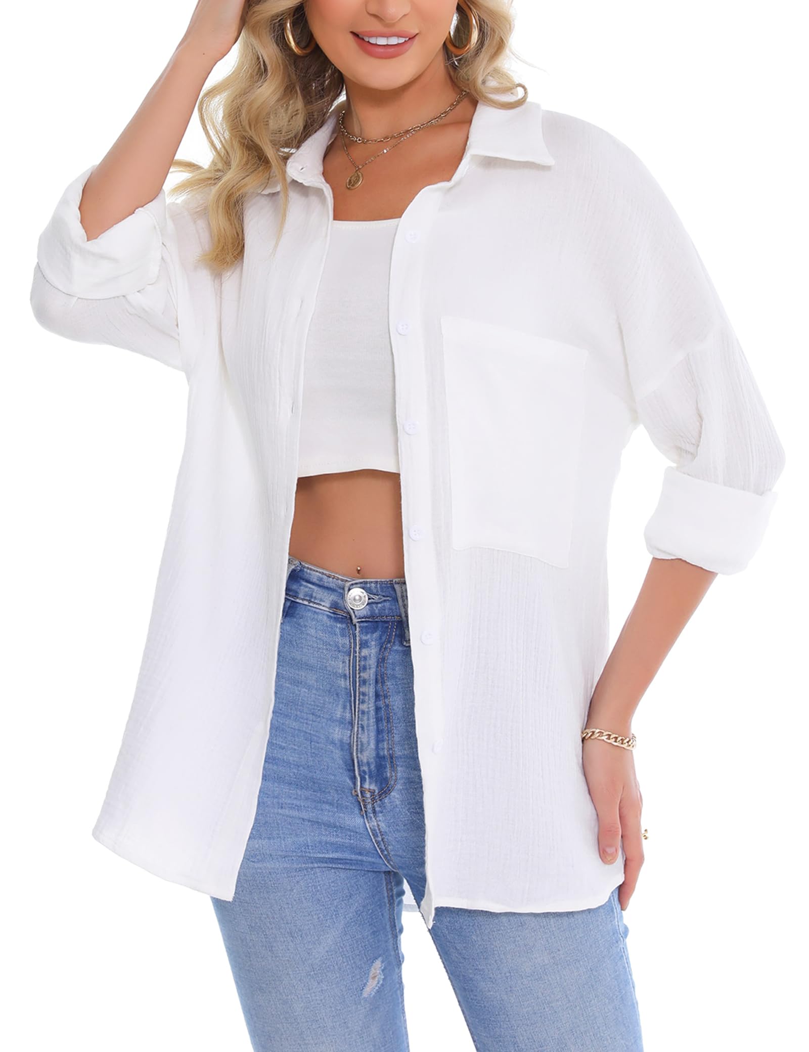 Aottori Blusas Mujer Algodón Manga Larga Blusa Camiseta Elegante Cuello en V Camisa con Botones Casual Sólido Tallas Grandes Shirts Tunic Tops