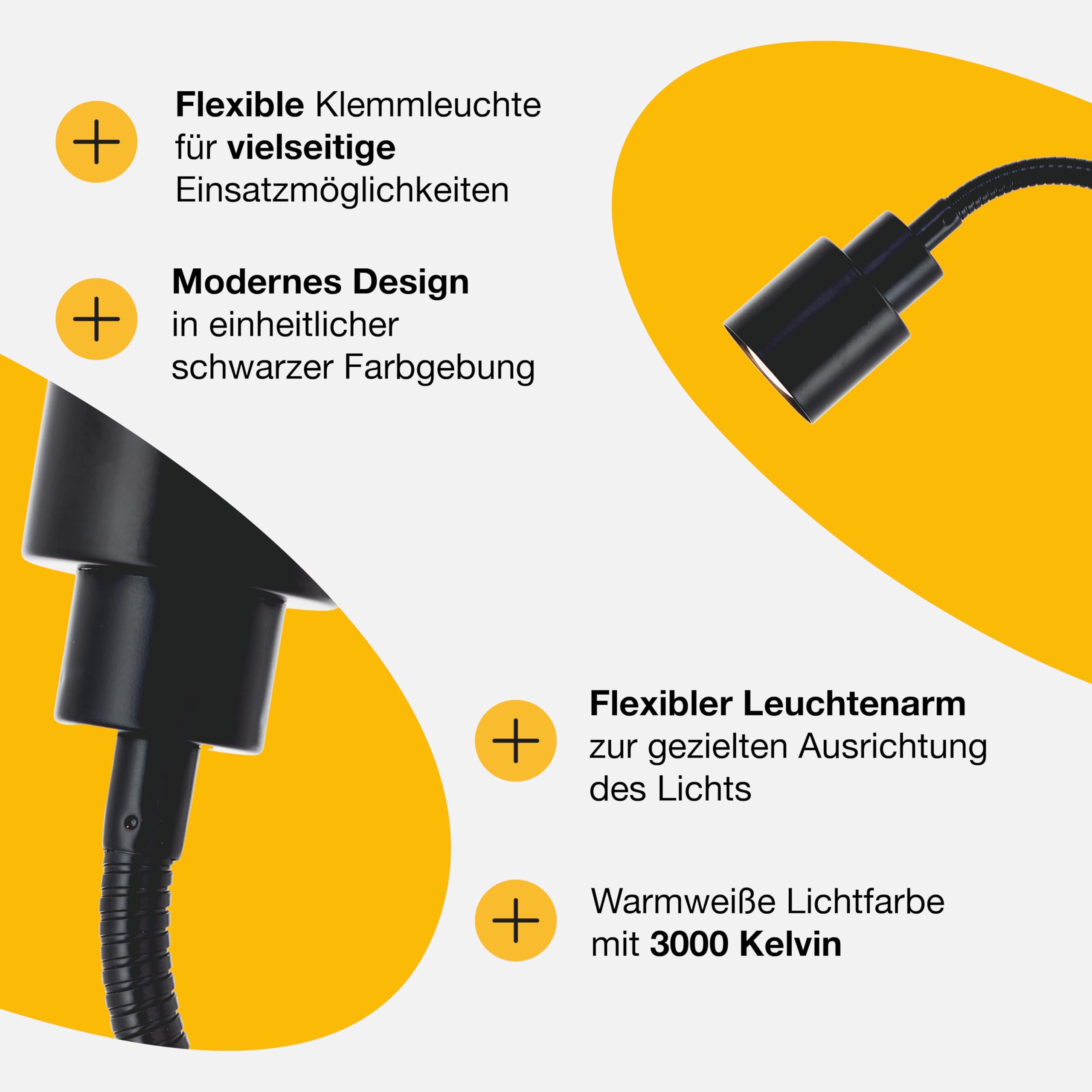 Brilliant LED Klemmleuchte in schwarz mit Flexarm & Kippschalter flexible Klemmlampe, Leselampe Schreibtischlampe Bettlampe mit 3 Watt und 300 Lumen, 3000K warmweiß inkl. LED fürs Schlafzimmer | Tischlampe mit Flexarm und Kippschalter, ideal für Schreibti