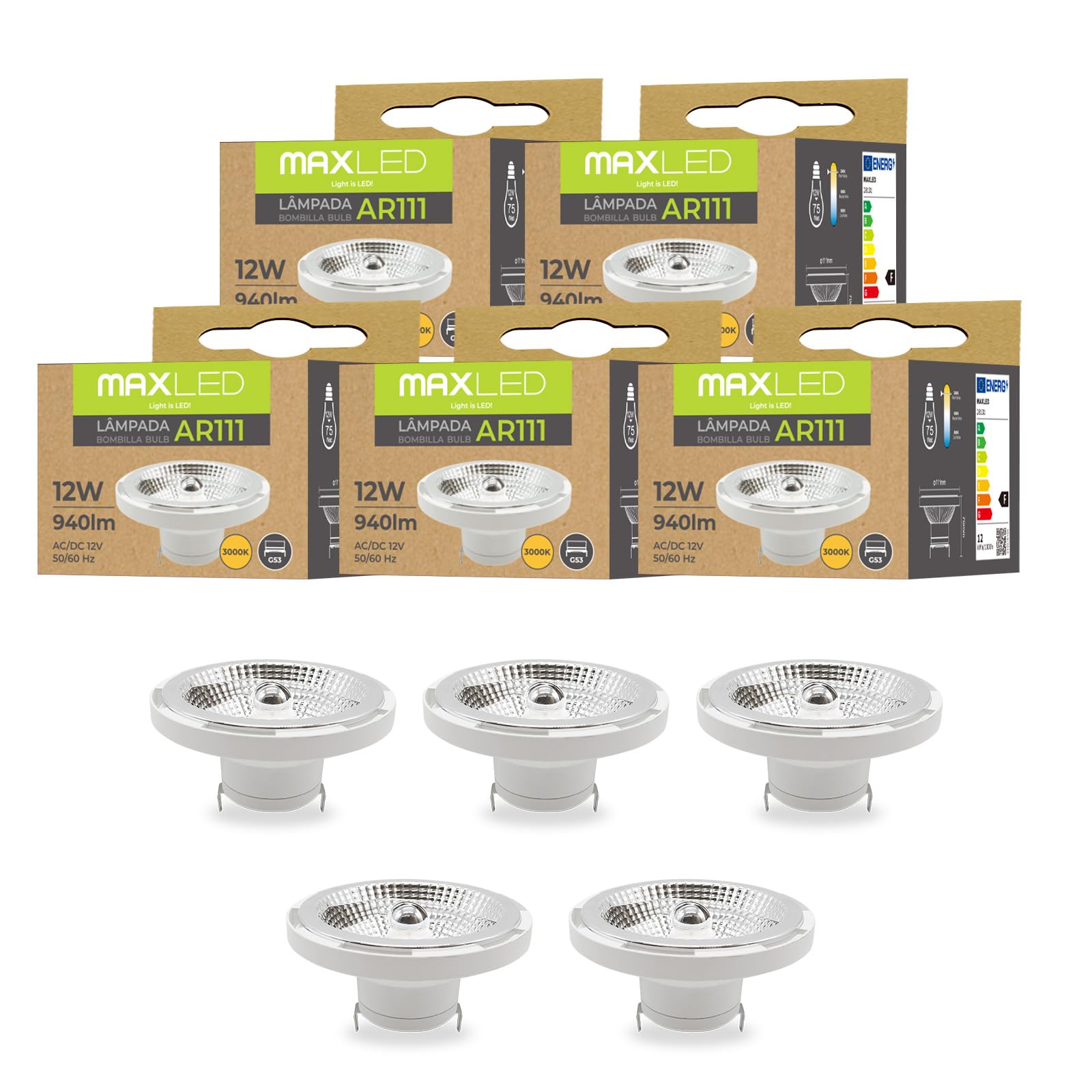 Faretto LED AR111 G53 12W Equivalente 75W Aalogena 3000K Bianco Caldo 940 Lumens AC/DC 12V Spot LED 45º Non Dimmerabile Ø111 x 68m