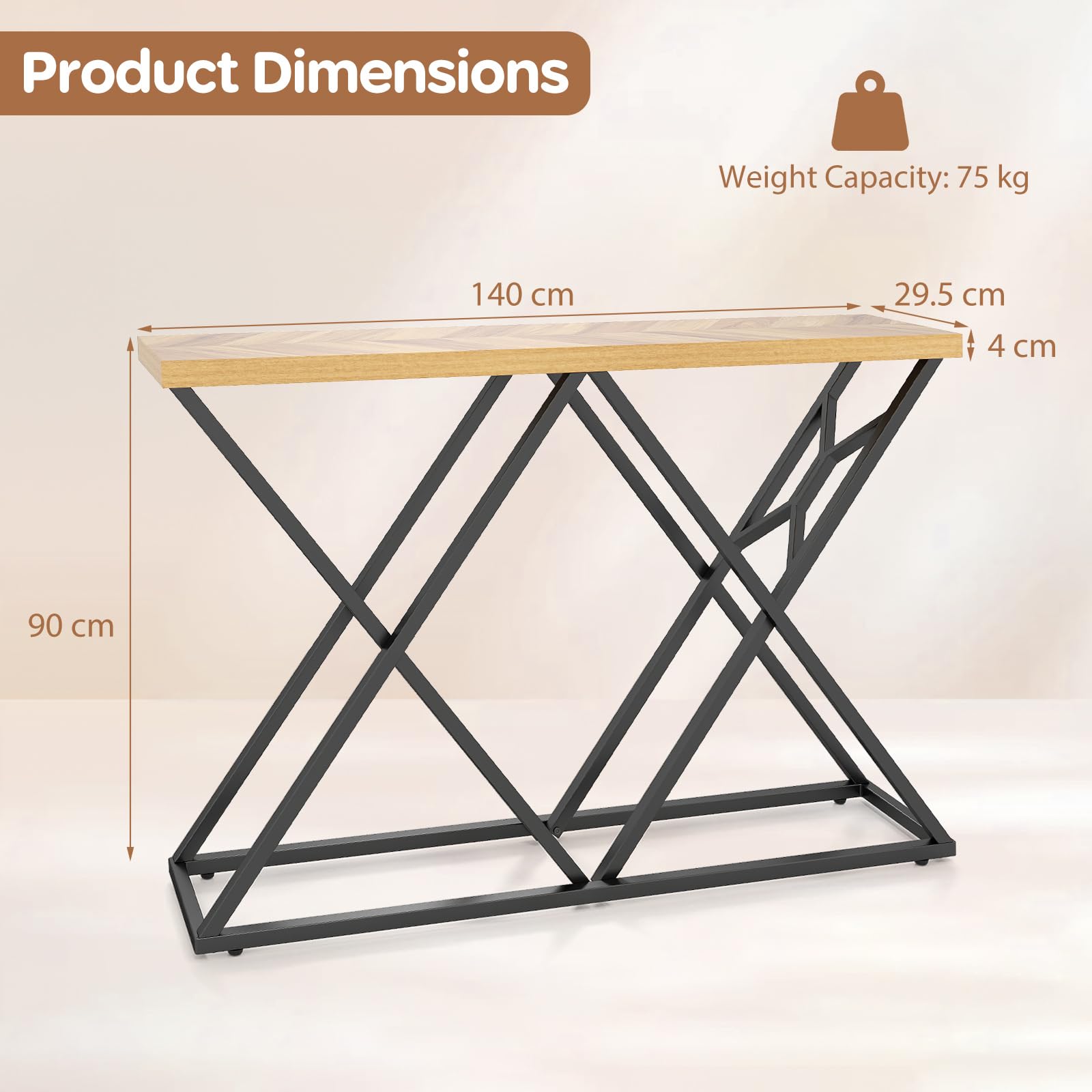 GIANTEX Stolik konsolowy, 140 cm, stolik z solidną metalową ramą i miejscem do przechowywania, przemysłowy wąski stół do salonu, sypialni, przedpokoju