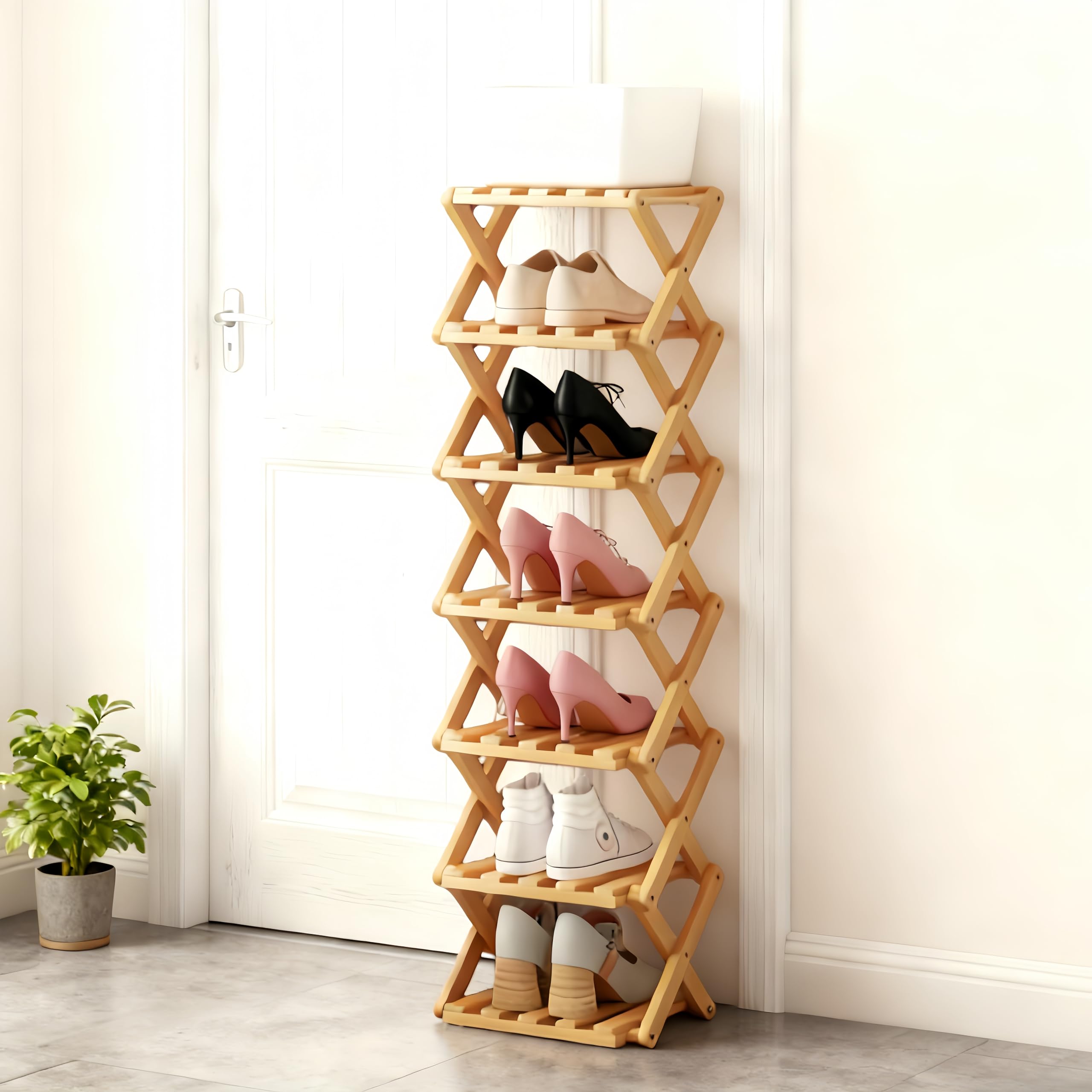 YIHHOW Bamboo Foldable Shoe Rack Small, Easy Assembly Vertical Folding Wooden Shoe Racks Storage For Narrow Space