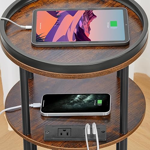 Miniatura 8 de Mesa auxiliar redonda pequeña con estación de carga para espacio estrecho y pequeño, sofá de 3 niveles con puertos USB y tomas de corriente, mesa