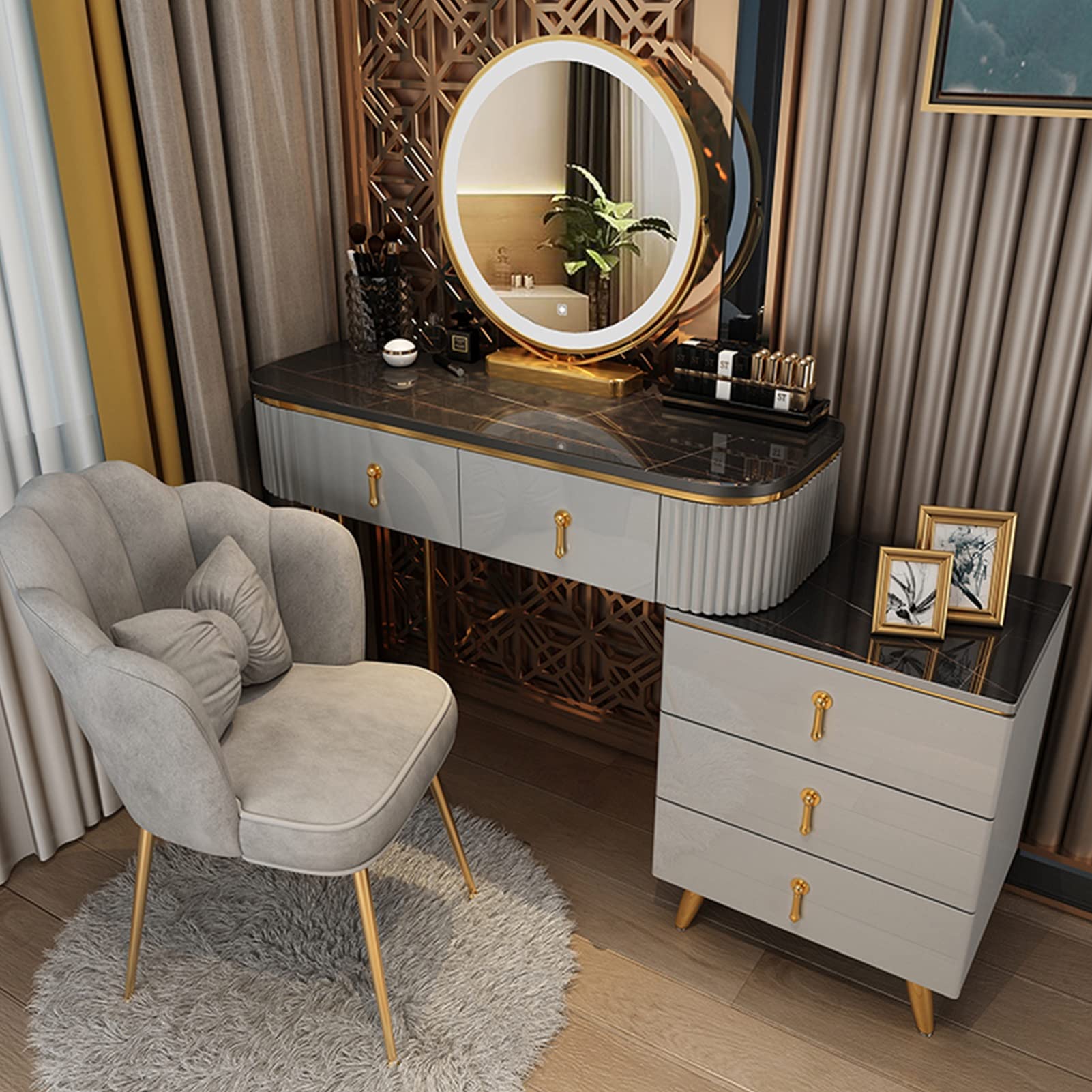 asdchZen Modern Dressing Table Set With Led Light Mirror, Movable Nightstand, Cushioned Stool, Stylish Makeup Vanity For Women & Girls-White, 100Cm/39.3In,Gray D-100cm/39.3in