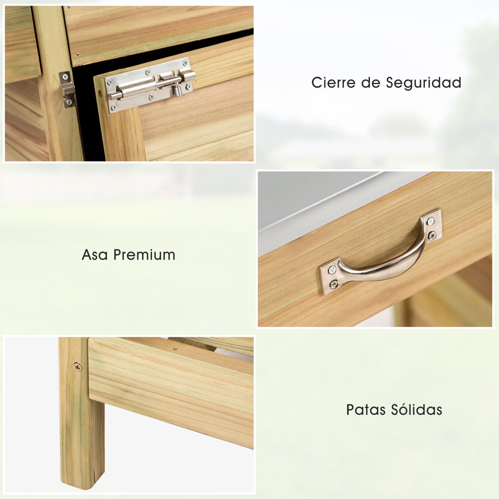 GOPLUS Mesa de Jardinería de Madera de Abeto, Mesa de Plantación con Cajón, Estante Abierto y 3 Ganchos, Banco de Trabajo para Jardín Exterior, Terraza, Patio, 112 x 46 x 125 cm, Natural