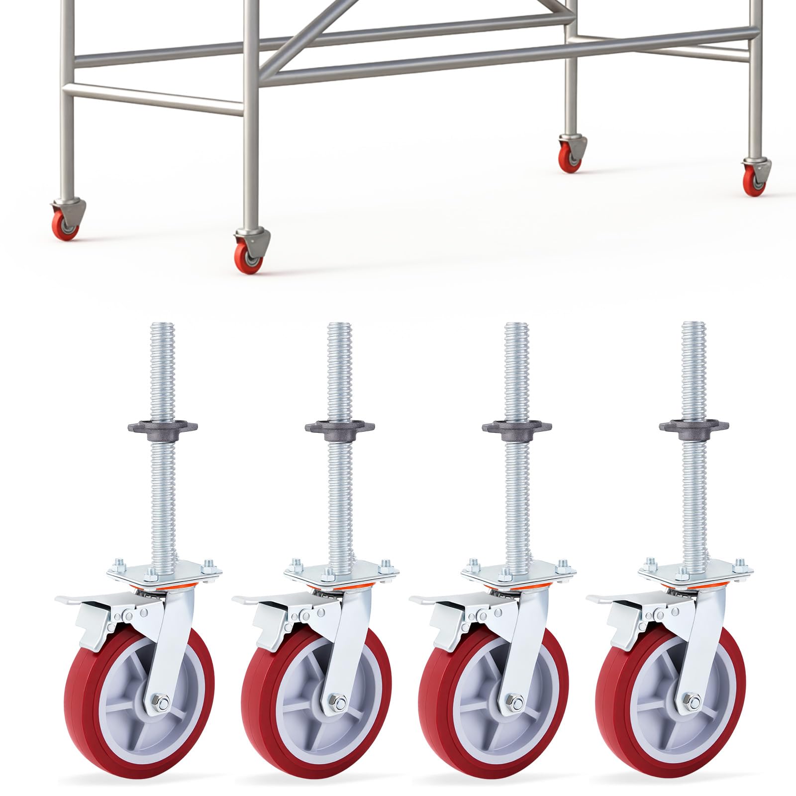 Photo 1 of Colingmill 4 Pack 8 Inch Adjustable Leveling Scaffolding Wheels Scaffolding Caster Wheels with Brake 1-1/5" Od Scaffold Screw Swivel Casters Locking Set