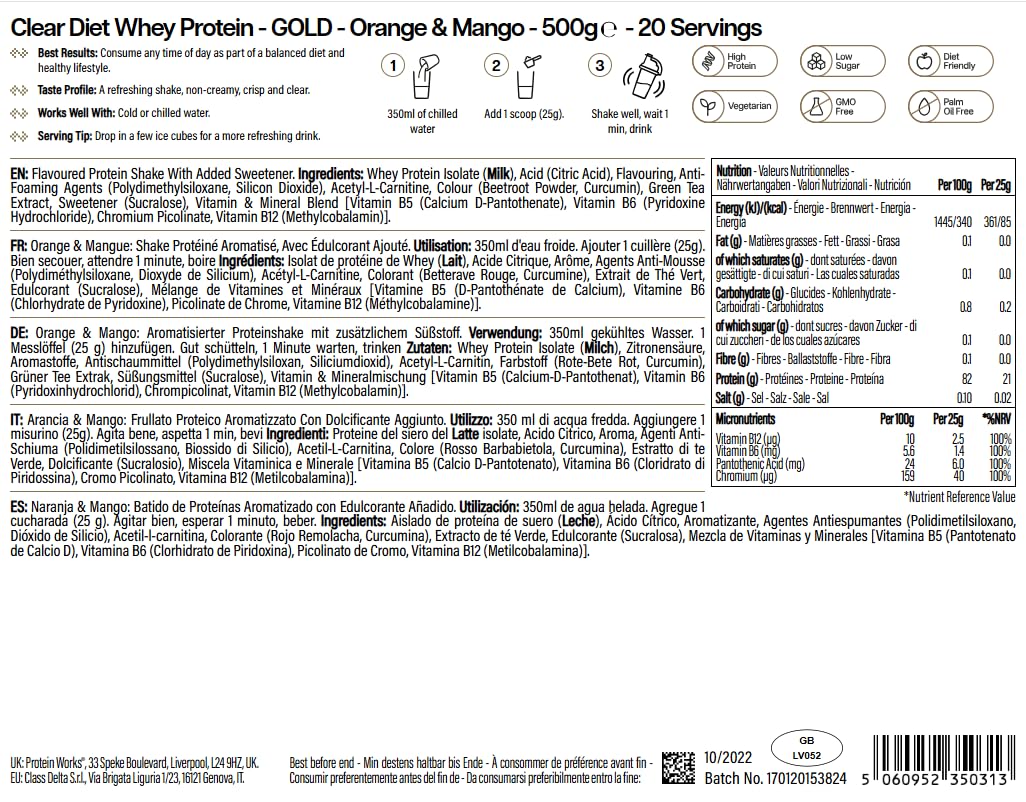 Protein Works | Clear Diet Whey Protein – GOLD Innovation, Polvere Di Siero Isolato, Bevanda Proteica Rinfrescante, Arancia & Mango, 20 Porzioni, 500g