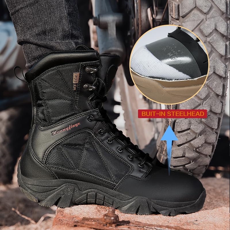 013 Men's Tactical Work Boots with Side Zipper Leather Motorcycle Boots, Safety Shoes for Outdoor Hiking and Mountaineering, Slip-Resistant, Durable, Steel Toe, Lightweight, Impact-Resistant2