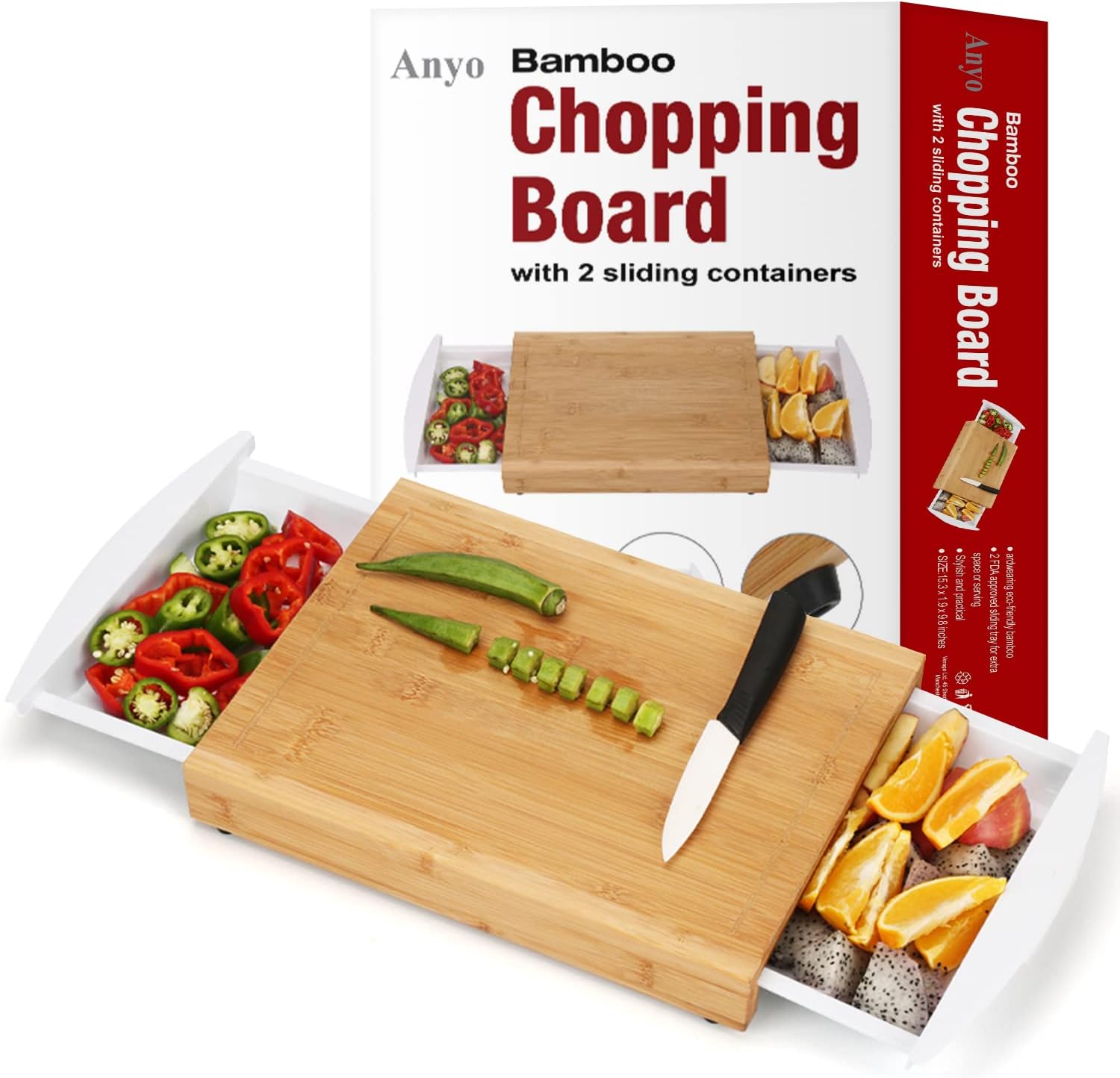 Bamboo Chopping Cutting Board with Tray, MOSO Cutting Boards with 2 Drawers for Kitchen, Cutting Board with Juice Groove Veggie/Cheese BPA Free Tray Easy Cook with Non-Slip Feet Ultimate Cutting Board
