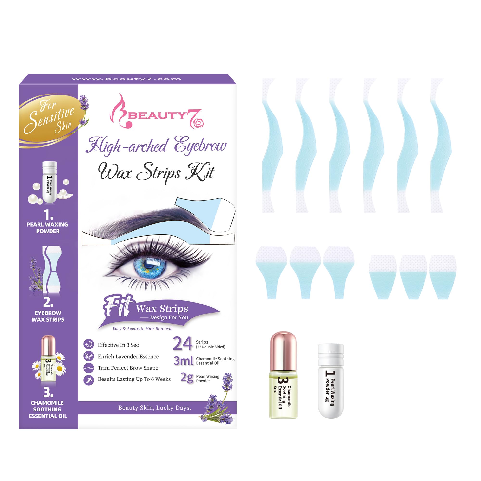 Beauty7 High Arched Eyebrow Wax Strips, 24 Strips with Essential Oil