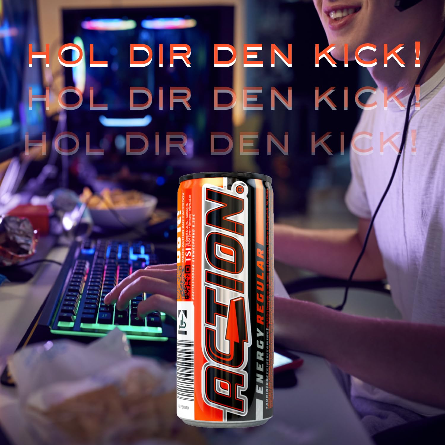 Action Energy Drink Regular (48 x 500 ml) incluye depósito – Refresco con sabor a tutti-Frutti – patata energética con mayor contenido de cafeína – 48 latas de bebidas