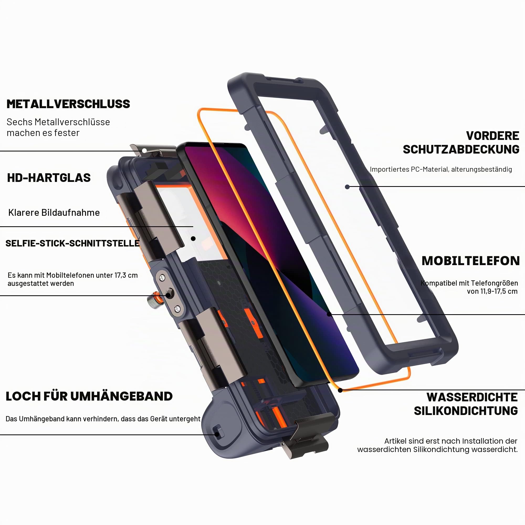 Shellbox Case 2. Generation [15 m/50 ft] Tauch-Schnorchel-Hülle für alle Samsung-iPhone-Serien, IP68-zertifiziert, wasserdichte Handyhülle, Foto-Video, Schwimmen, Schnorcheln (blau-orange)