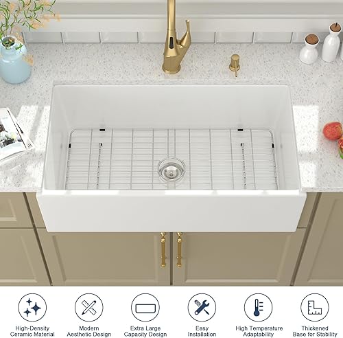 Miniatura 6 de Lordear - Fregadero de cocina blanco de 36 pulgadas, fregadero de cocina de arcilla refractaria de casa de campo, cuenco individual de 36 x 20 x 10