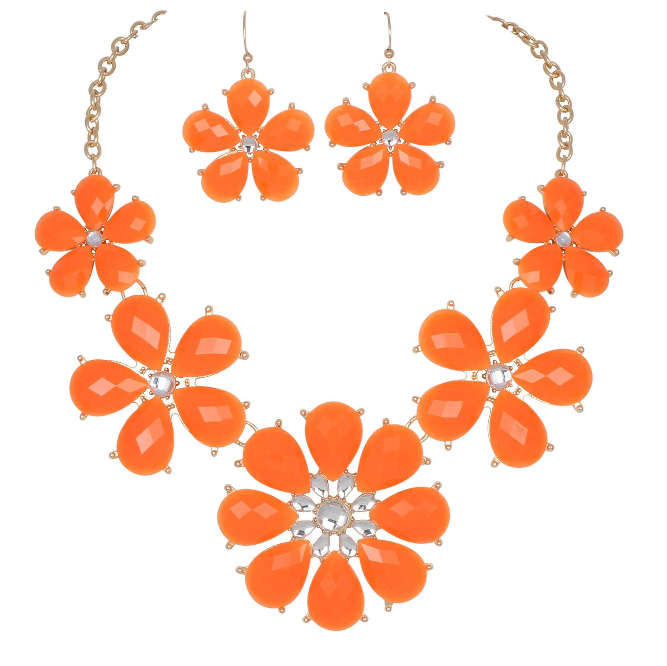 Firstmeet Shiny Flower Statement Collar Necklace with Earrings