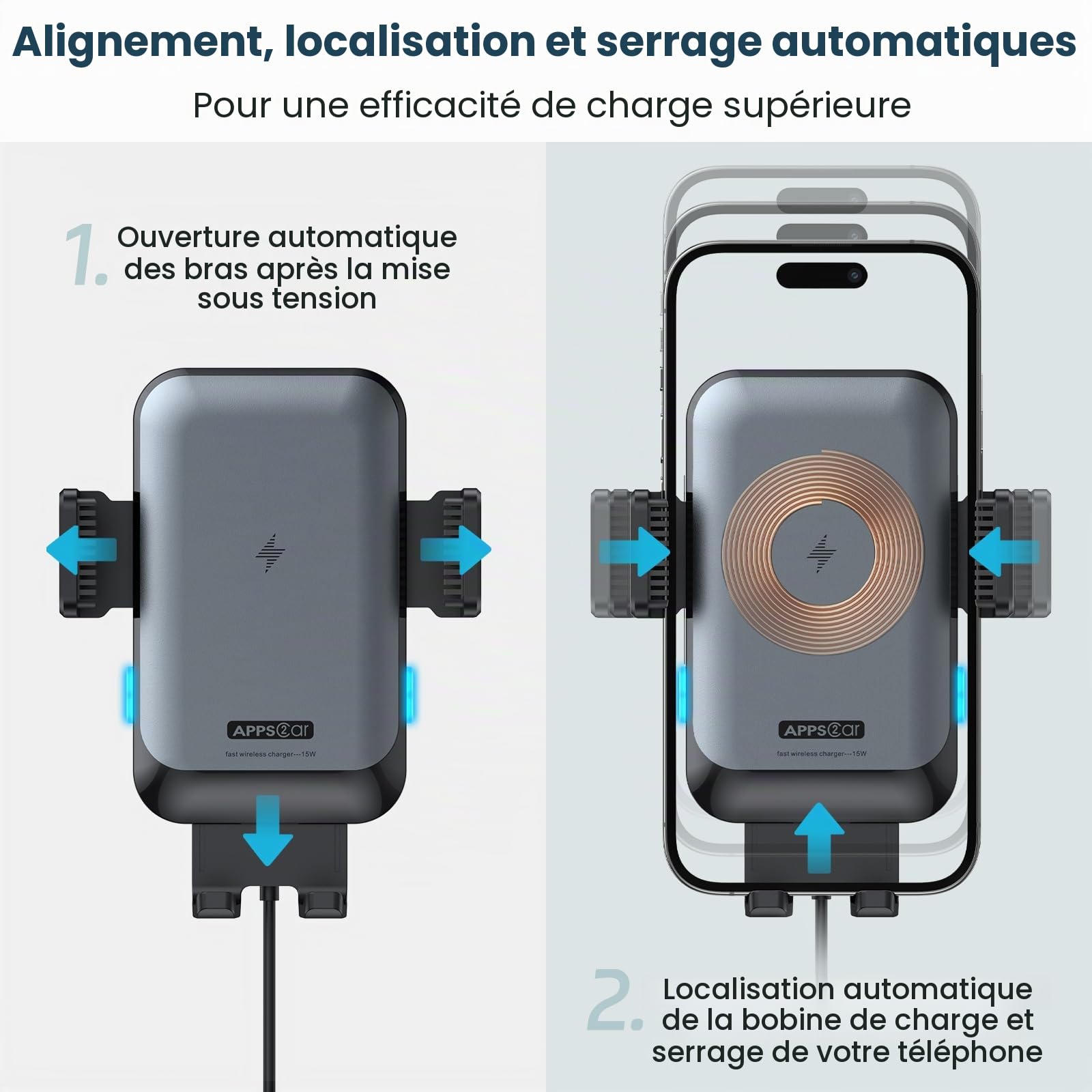 APPS2Car Support Téléphone Voiture avec Chargeur sans Fil 15W – Fixation Fente CD, Fermeture Automatique, Rotation 360°, Charge Rapide Compatible iPhone 16/15/14/13/12 Pro Max, Samsung Galaxy