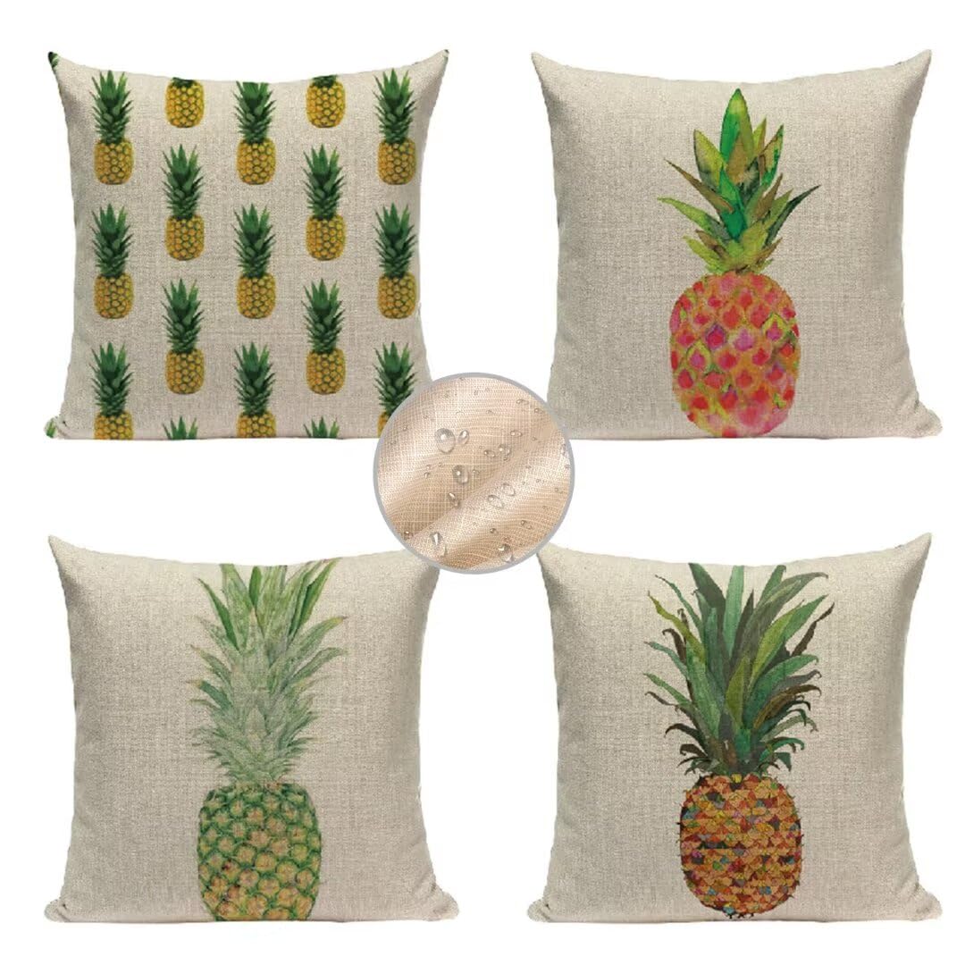 Outdoor Kissen Sommer Kissenbezug 60x60 cm Kopfkissen 4er Set Sofakissen Wetterfest Kissenhülle Dekokissen Ananas Kissenbezüge Quadratische Leinen Couch Zierkissen für Gartenmöbel Zuhause Dekor F801