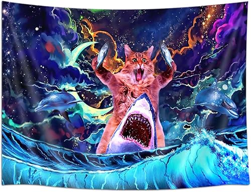 Miniatura 7 de SAOLUIS Tapiz de gato con luz negra, divertido tapiz de gato para dormitorio de niños, lindo gato con pez, tapiz de pared reactivo a los rayos UV