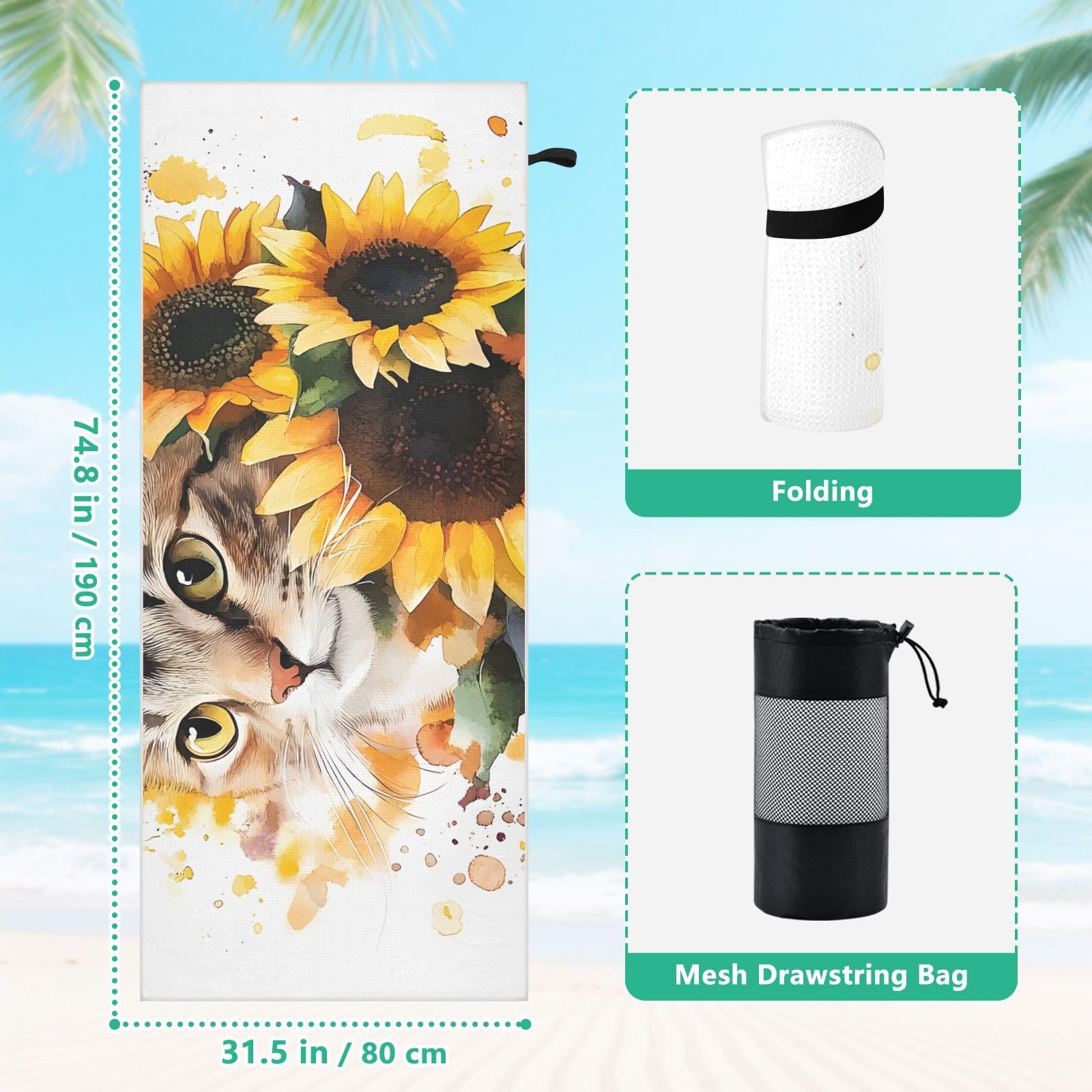Grandes serviettes de plage avec sacs en maille pour adultes, serviette de bain chat tournesol avec fermeture magnétique, anti-sable, serviette à séchage rapide pour piscine, camping et voyage
