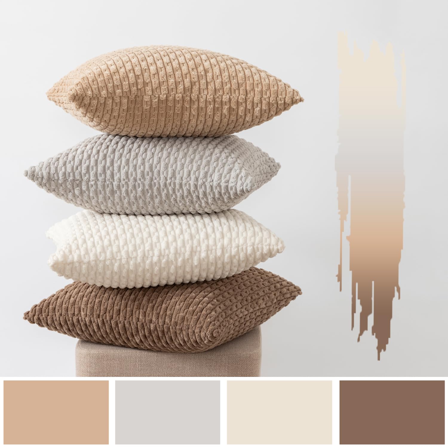 Kevin Textile - Paquete de 4 fundas de almohada decorativas neutras de 18 x 18 pulgadas para sala de estar, sofá, cama, sofá, rústico, bohemio, decoración del hogar, funda de cojín cuadrada de pana