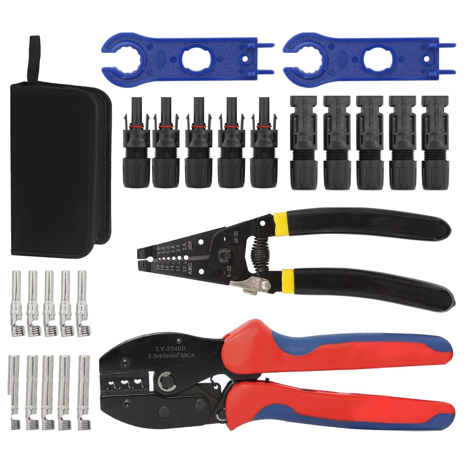 Solar Crimping Tool Kit, Solar Panel PV Cable with Wire Stripper and Cutter, 5 Pairs MC4 Connector, 1 Pair Solar Connector Assembly Tool Spanner for 2.5/4.0/6.0 mm PV Cables