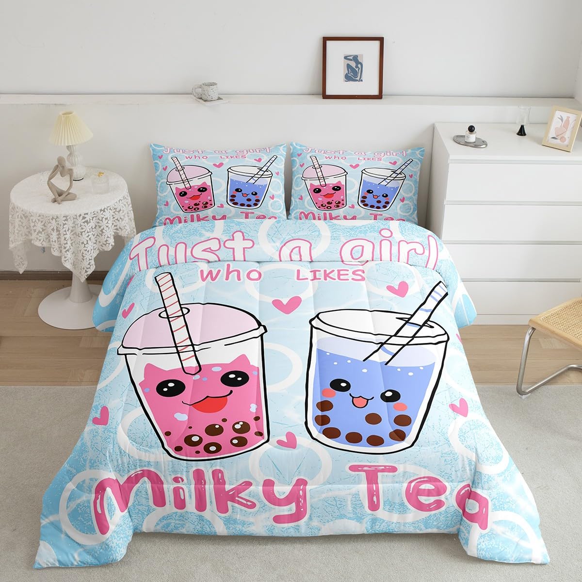 Feelyou Boba Bedding Set Girl Loves Boba Comforter Kawaii Bubble Tea Stuffed Comforter Set for Kids Adults Cartoon Boba Duvet Set Twin Size Quilt Set