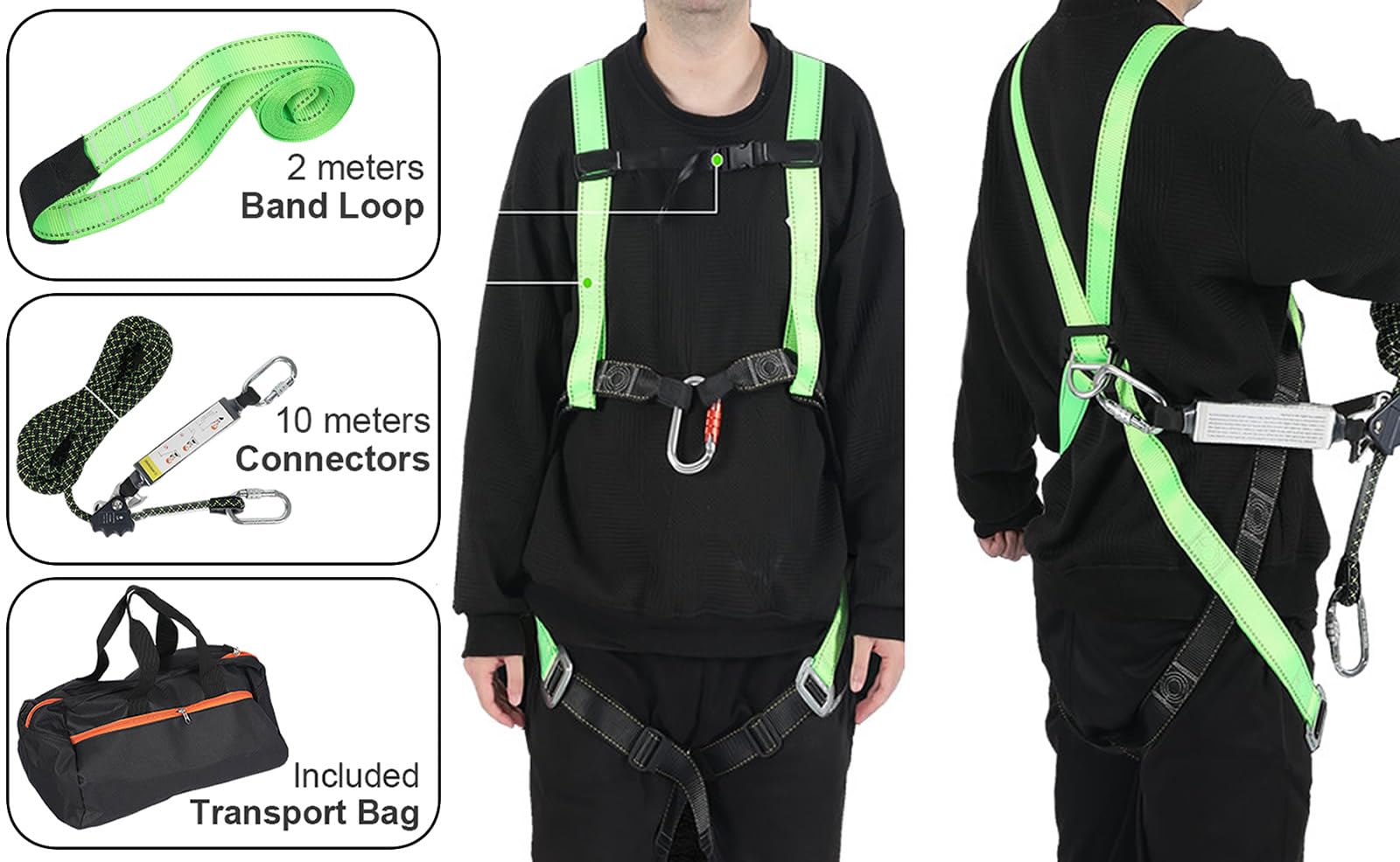 Juego de cinturón de seguridad anticaídas, correa de cuerpo completo con cordón de conexión de 10 m y correa de 2 m y mosquetón, cinturón de seguridad ajustable para trabajo aéreo, escalada de