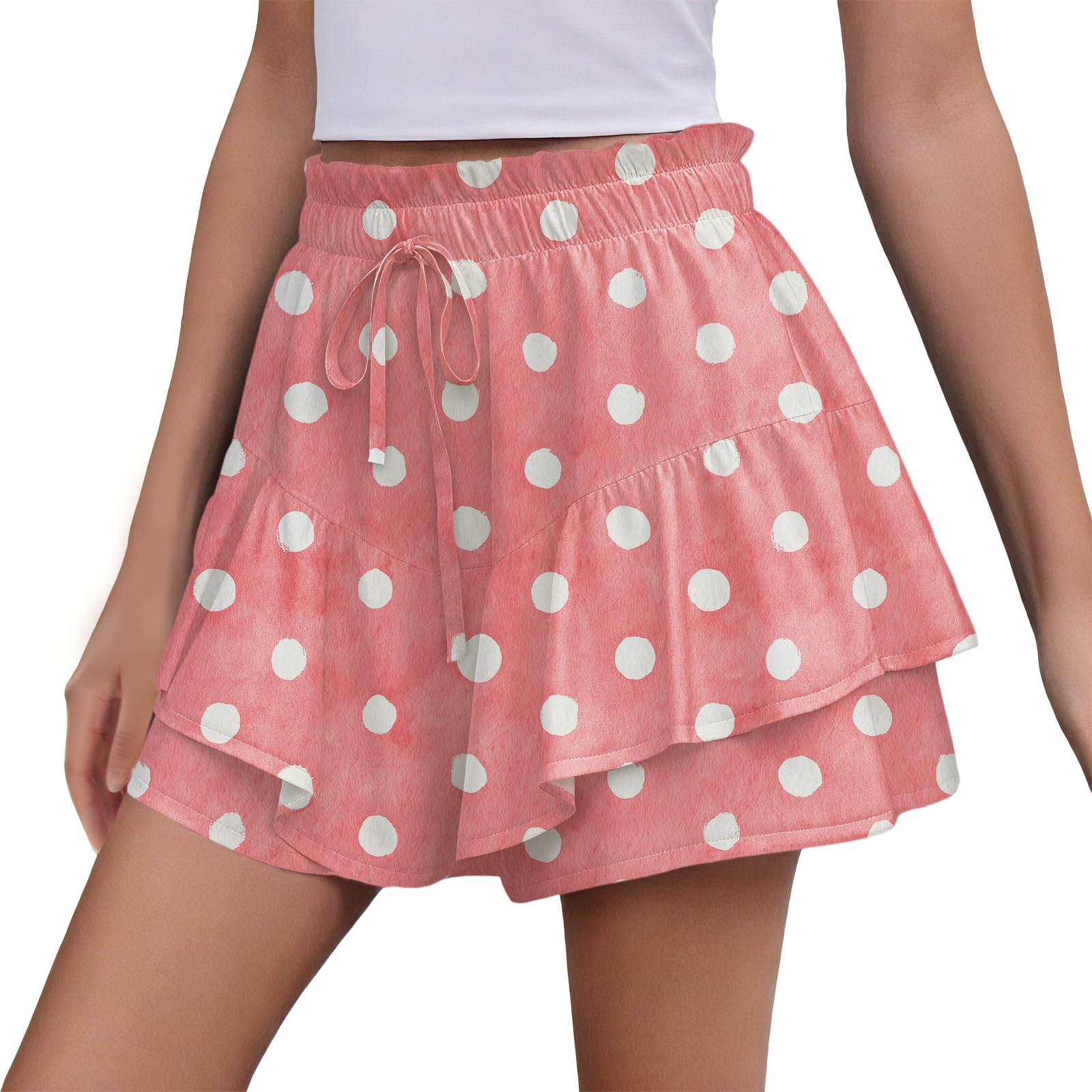Boho Flowy Skort for Women Comfy Casual Skirts for Women Ruffle Skorts Elastic Waist Drawstring Trendy Beach Wear