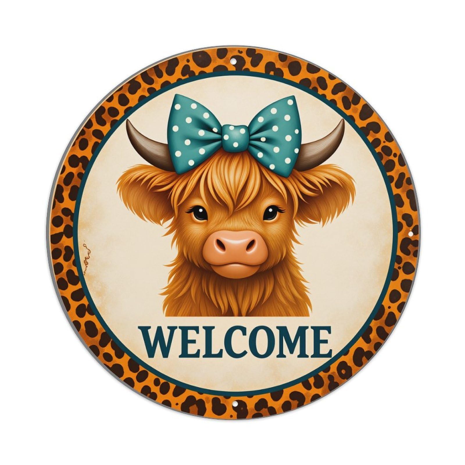 Leopard Print Border Cow With Bow Welcome Text Metal Tin Sign Vintage Garden Bedroom Cafe Bar Man Cave Home Wall Decor Metal Poster 8x8 inches