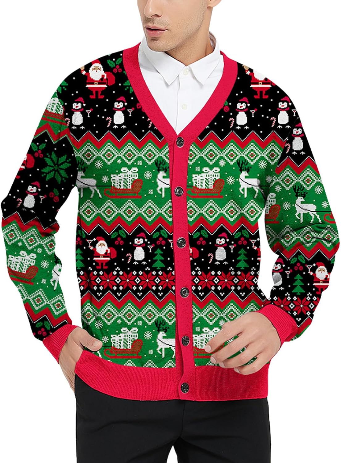 Goodstoworld Men's Ugly Christmas Cardigan Cozy Pullover Sweater V Neck Buttons Soft Knitwear