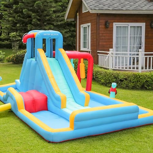 Miniatura 7 de Doctor Dolphin Toboganes acuáticos inflables, casa de rebote de agua con tobogán acuático para niños, parque acuático inflable para patio trasero,