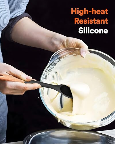 Miniatura 4 de Cucharas de cocina grandes de silicona, cuchara antiadherente con mango de madera maciza, cucharas de cocina de silicona resistentes al calor para