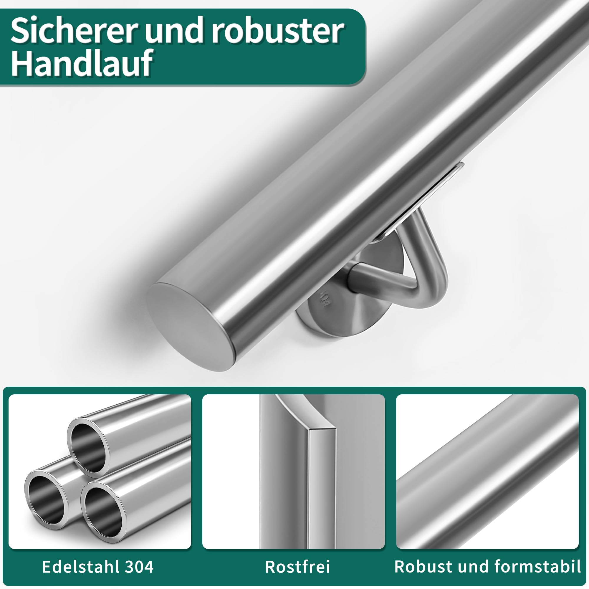 Edelstahl-Handlauf, 300CM Treppengeländer, Geländer mit 42 mm Durchmesser,Wandmontierter Handlauf mit Wandhalterungen und Befestigungselementen, Geeignet für Innen/Außenbereich