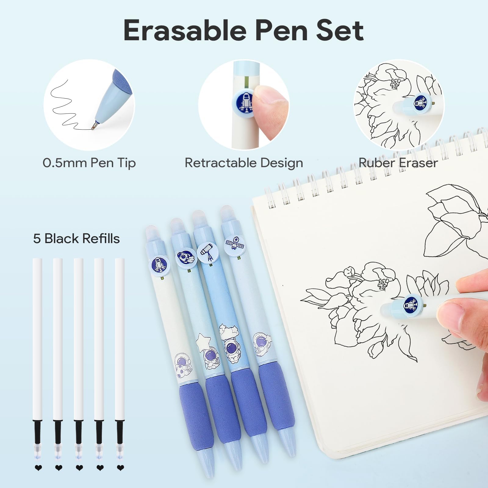 OPPZZIT Bolígrafos de Gel Borrable, Set de 63 Material Escolar Estético con 5 Bolígrafos de Gel, 12 Subrayadores Pastel, 6 Portaminas, 1 Estuche Azul, Papelería Bonita & Regalos Cumpleaños