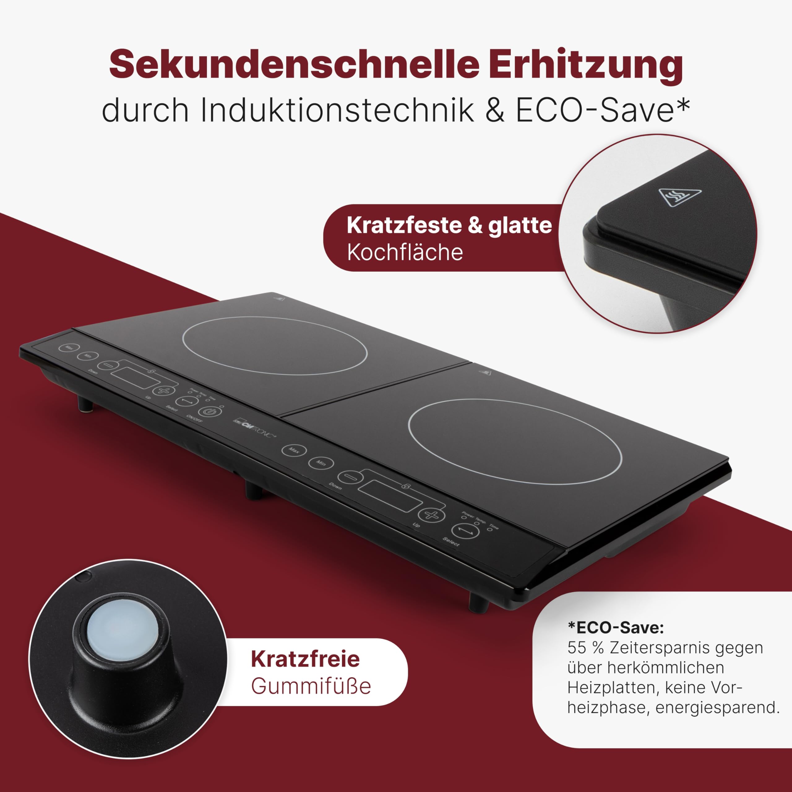 Clatronic DKI 3609 Induktions-Doppelkochplatte mit ECO-Save-Technologie und Sensor Touch-Bedienfeld