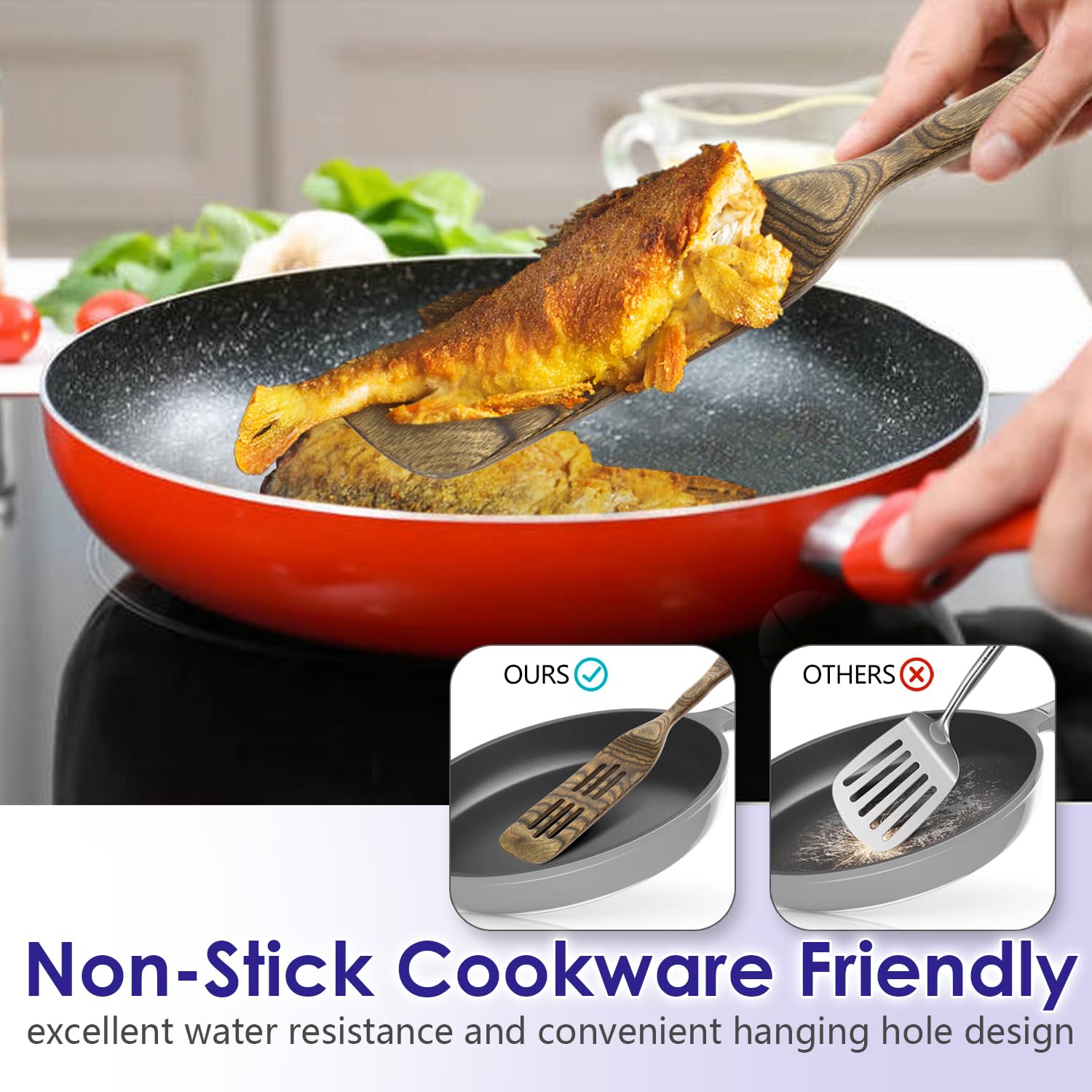 Cucharas de madera para cocinar, utensilios de madera para cocinar, juego de 6 herramientas de cocina HOWHONG que incluye cuchara de cocina, cuchara ranurada, espátula ranurada, cuchara de espagueti,