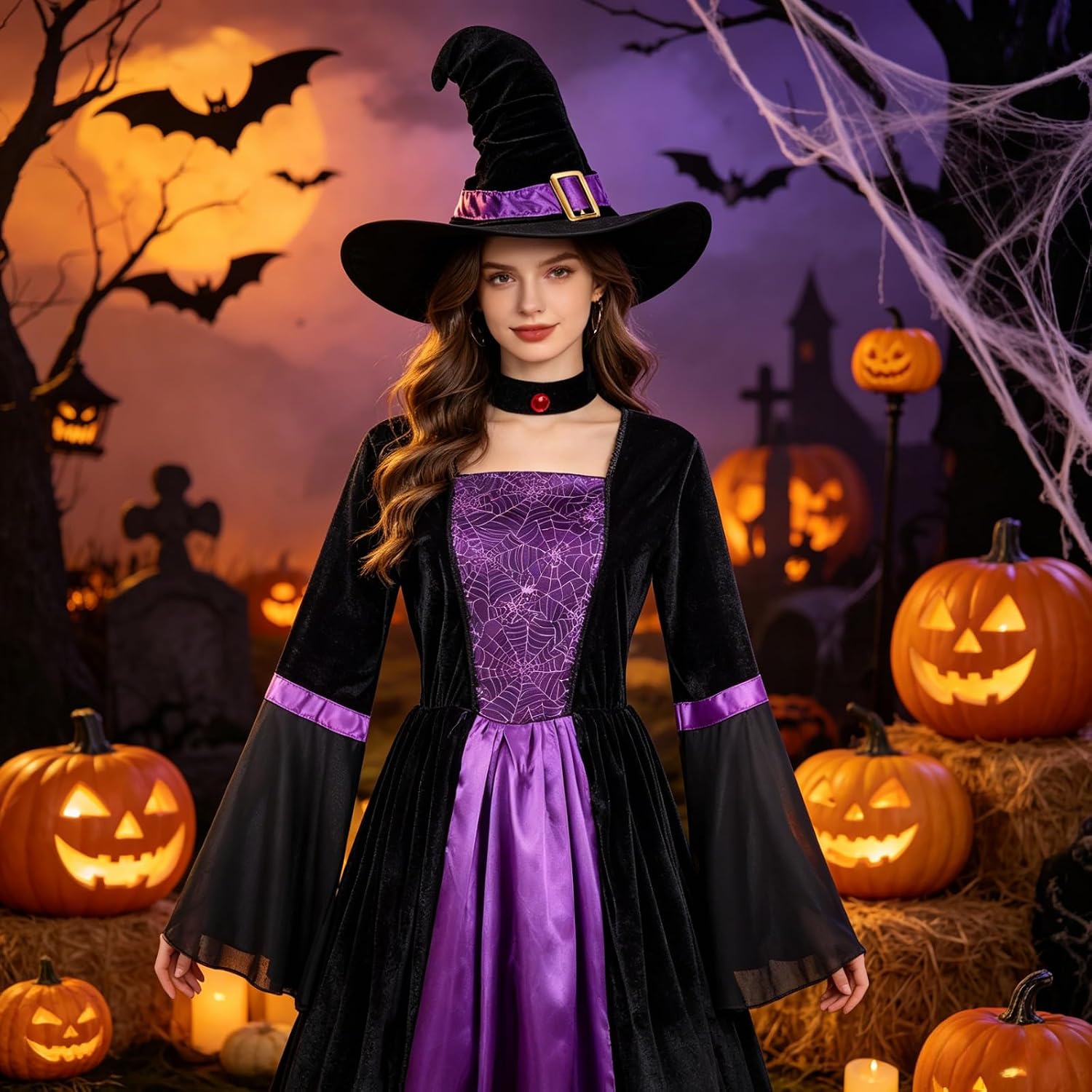 Colorful House Women Wicked Witch Costume Dress with Hat for Halloween