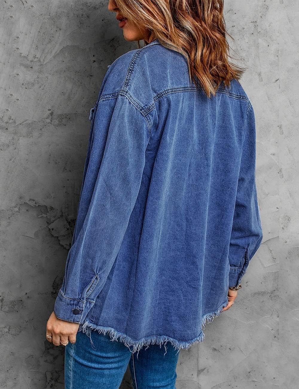 Vetinee Women’s Oversized Button Up Frayed Hem Shacket Long Sleeve Pockets Denim Jean Jacket - Image 4