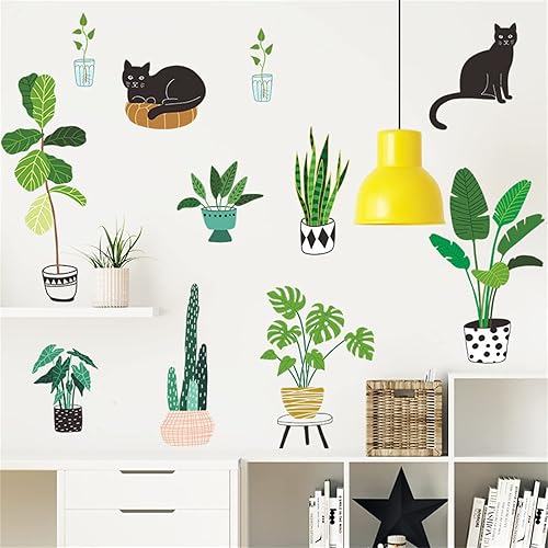 Adhesivo de pared de plantas verdes, planta natural, maceta, hoja de palmera, cesta colgante, mural, calcomanía de pared de plantas tropicales,