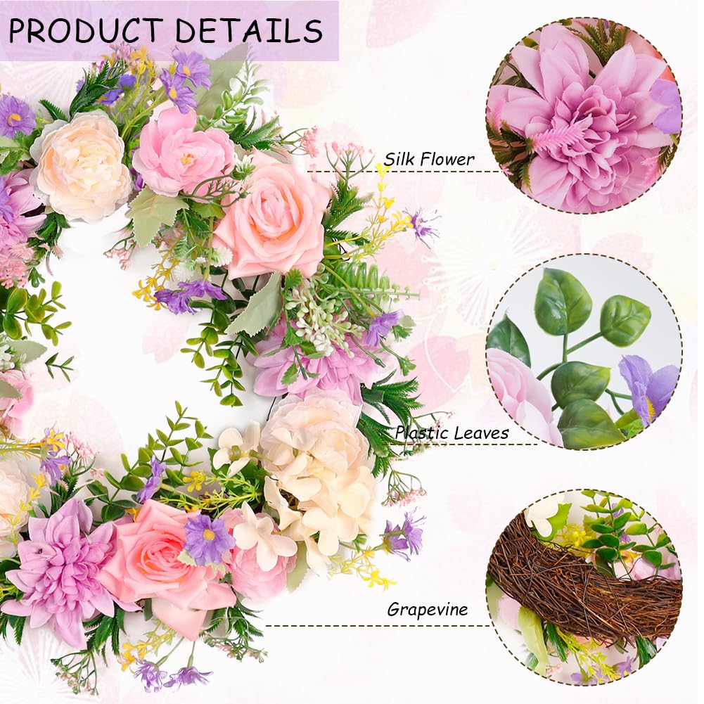 Couronne de printemps de pivoine pour porte d'entrée d'été à l'extérieur, couronnes de roses artificielles de 45,7 cm, couronne de feuilles de verdure pour toutes les saisons, décoration murale