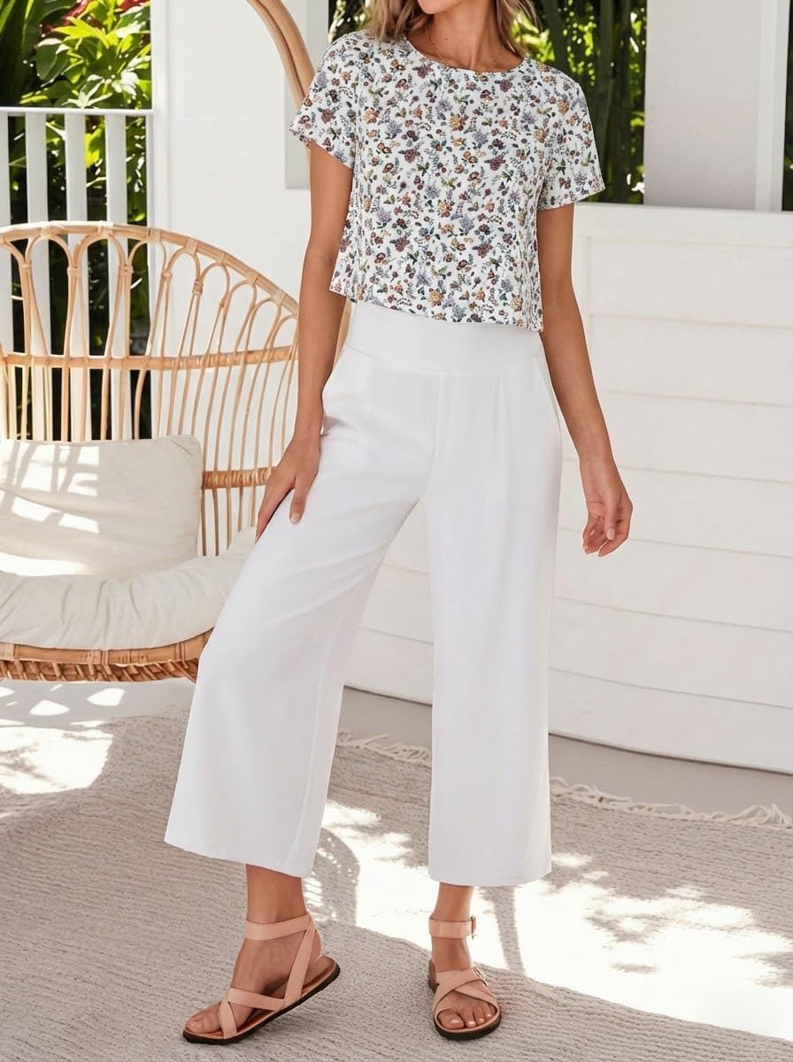 IDEALSANXUN Womens Short Sleeve Linen Shirts Casual Spring Summer Crewneck Cute Crop Beach Blouse Tops - Image 3