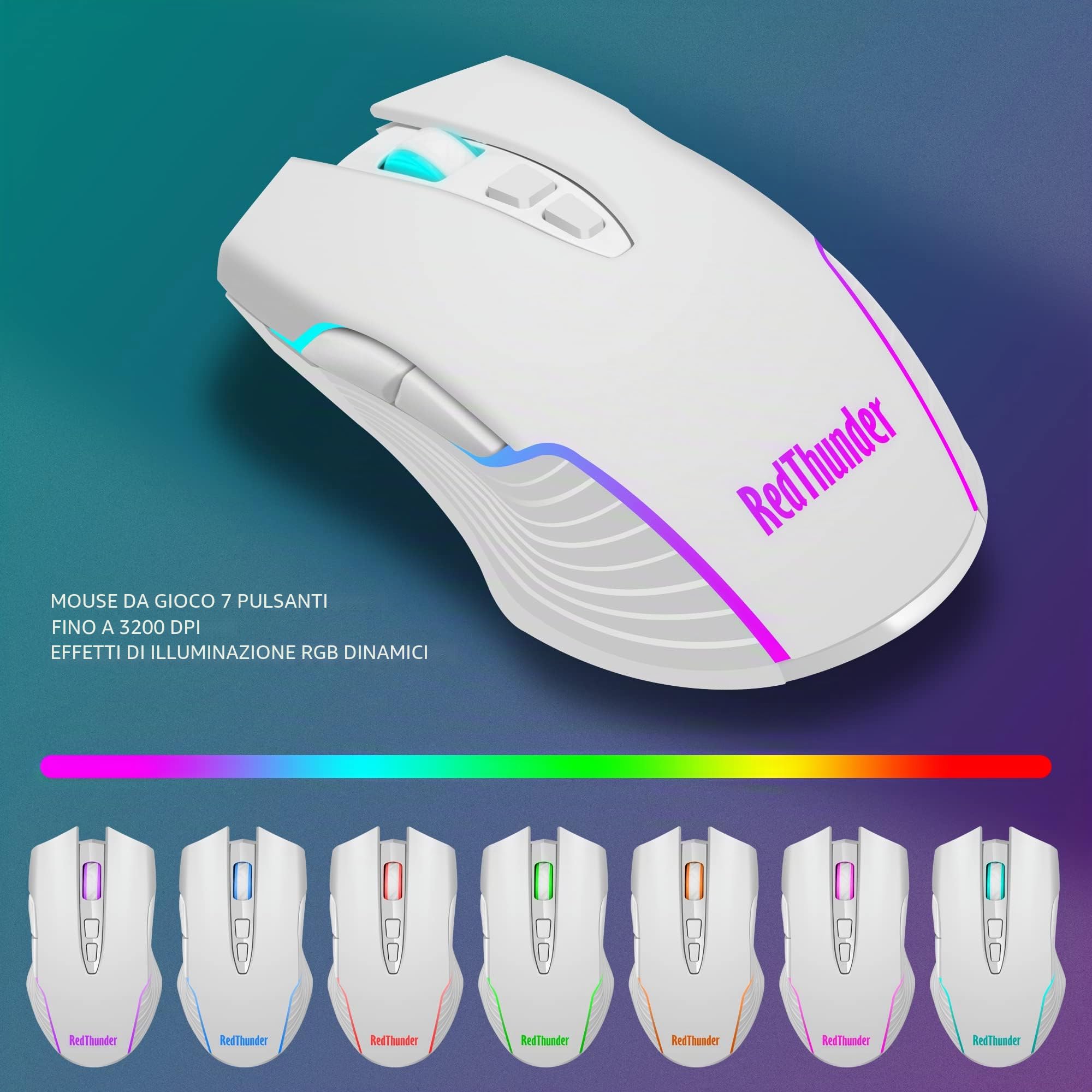 RedThunder K10 - Tastiera e mouse wireless da gioco, batteria ricaricabile con retroilluminazione a LED da 3800 mAh, tastiera meccanica con layout inglese + mouse 7D 3200DPI per PC gamer (bianco)