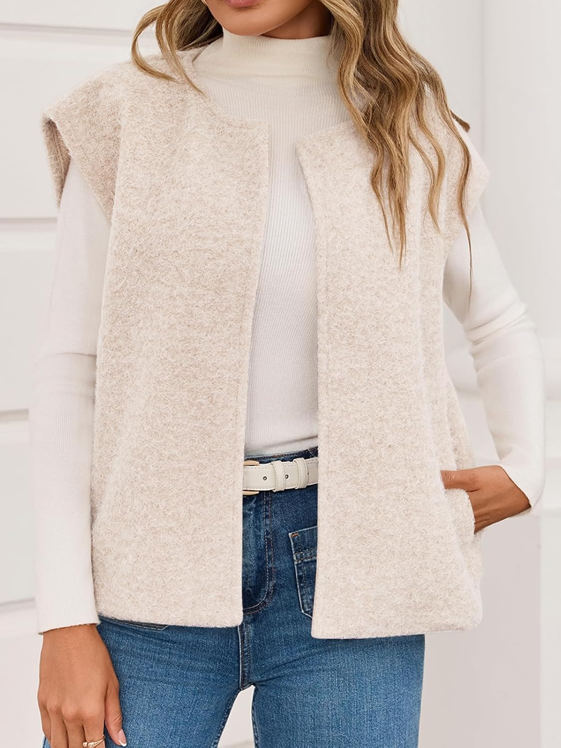 Yousify Womens Fuzzy Vest Cap Sleeve Crew Neck Knit Sweater Fall Casual Open Front Vest Outerwear - Image 4