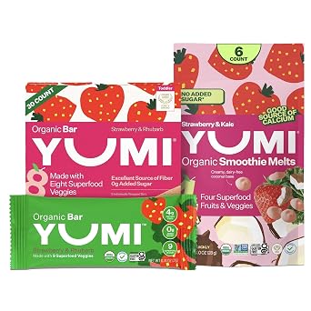 Yumi Organic Toddler Snacks Bars - Gluten-Free, No Added Sugar, 7+ Vegetables, Strawberry & Rhubarb 30ct. & Yumi Smoothie Melts - Toddler, Kids & Baby Snacks, Gluten-Free, Strawberry & Kale 6 ct.