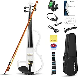 Vangoa Conjunto de violino elétrico 4/4 de tamanho completo para adolescentes iniciantes e adultos, madeira de bordo metálica, eletrônico, com acessórios de ébano, branco