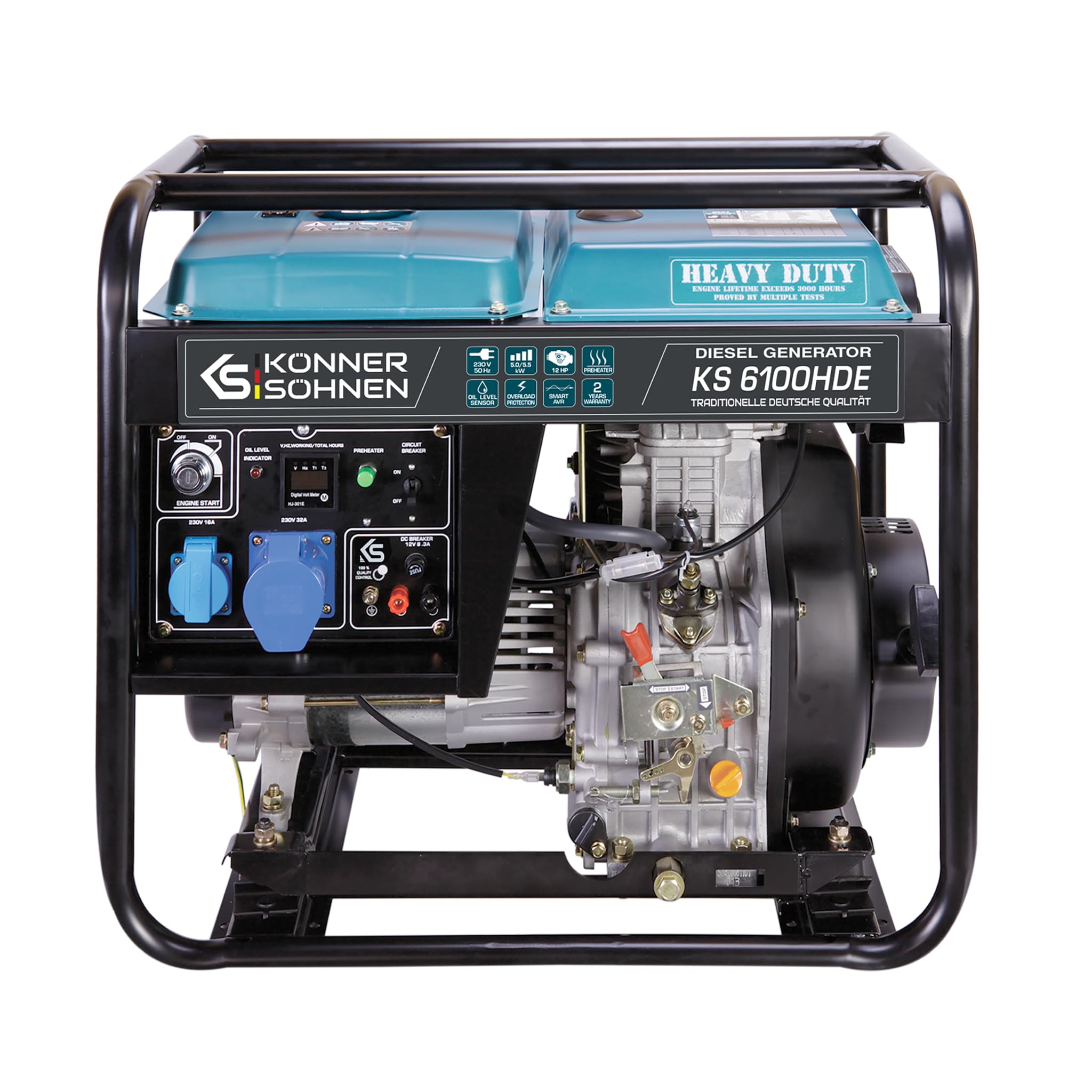 Könner & Sönen KS 6100HDE generator prądu, 12 KM 4-suwowy silnik diesla, miedź, E-start, podgrzewacz wstępny, automatyczny regulator napięcia, wyświetlacz, 5500 W, generator do użytku prywatnego i