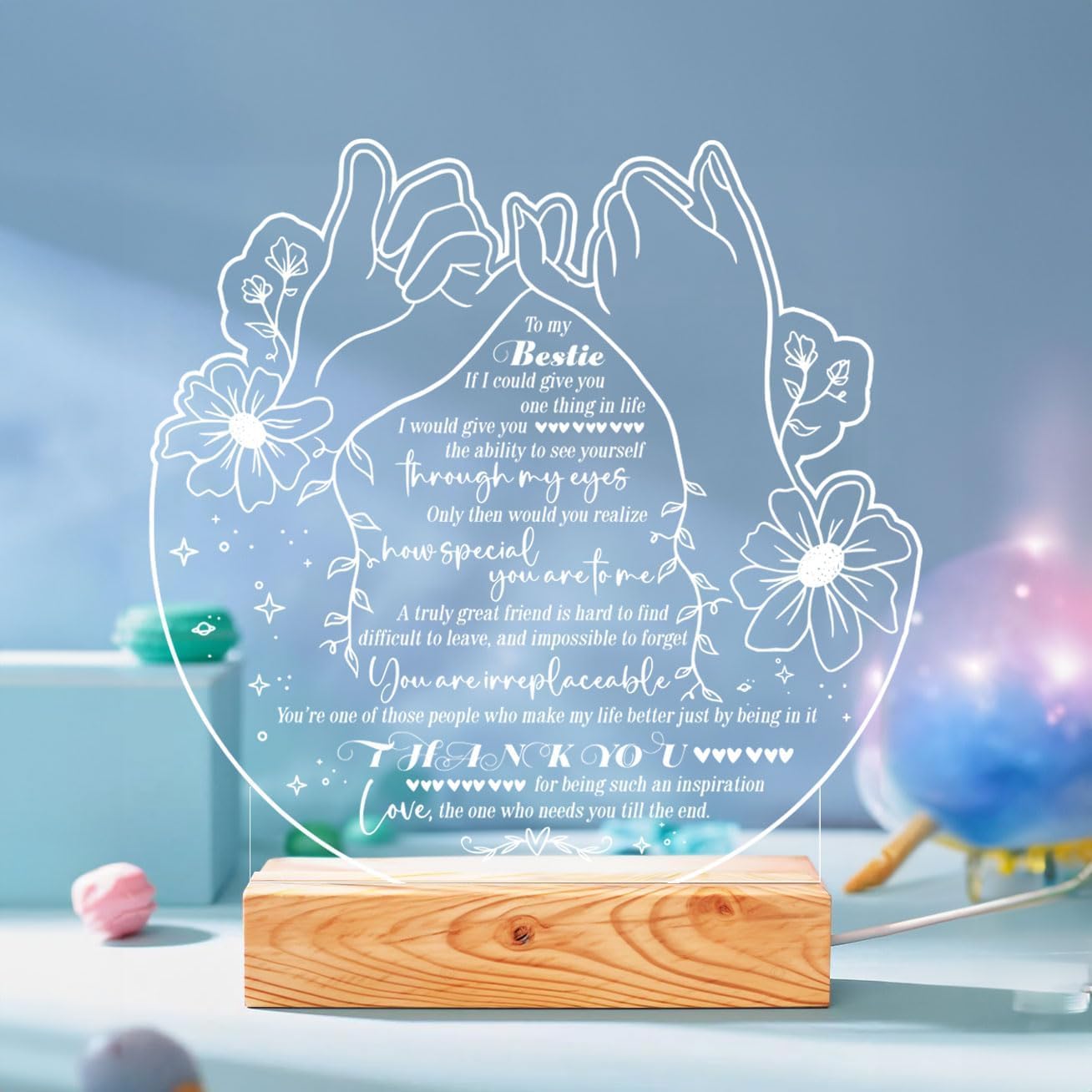 Bestie Gifts Heartfelt LED Night Light for Best Friend - Bestie Birthday Gifts - USB Powered Lamp with Pinky Promise Design and Touching Message - Wooden Base - Perfect Friendship Gift for Home Decor - Image 3