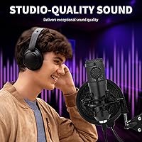 Vista 2 de Micrófono de condensador, profesional cardioide para estudio, transmisión, podcast, PC, computadora, USB, set de micrófono con brazo de tijera